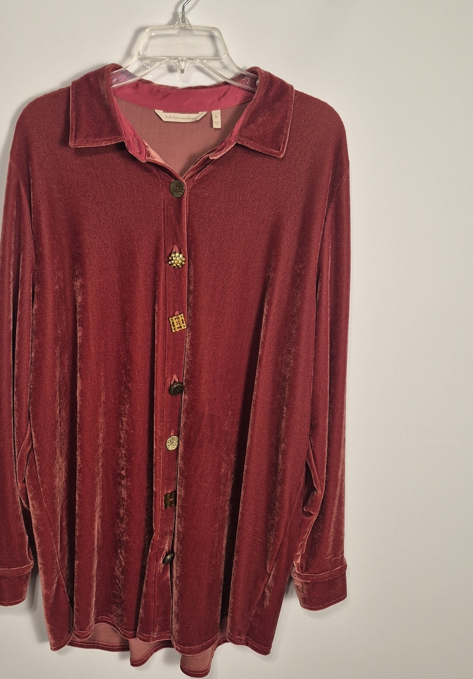 Soft Surroundings Velvet Button Front Blouse Top Pink Long Sleeve Women’s Size L